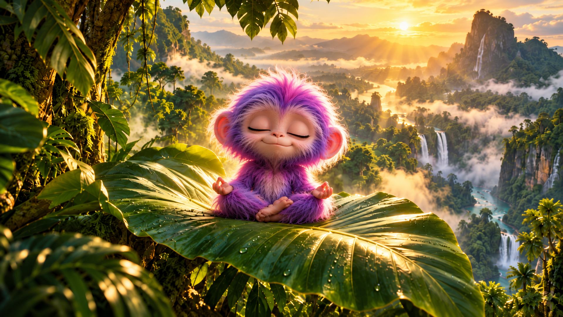 Meditating purple Manx character on a giant tropical leaf at sunrise